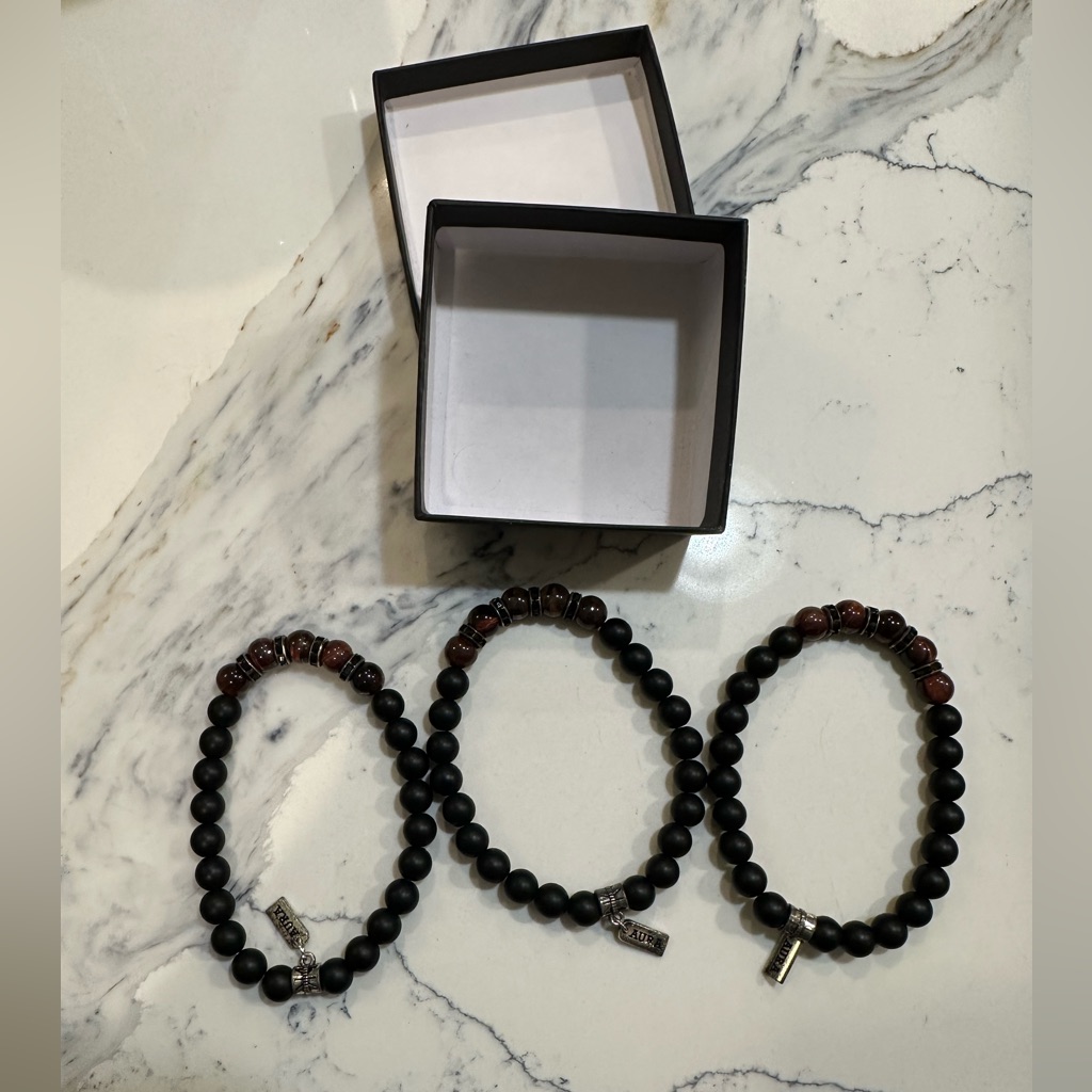 Aura Three (3) Stretchy Beaded Bracelets - Black And Brown - In A Box